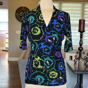 Vintage 80s Chaus Blouse Medium Black & Colorful Floral Nipped Chinced Waist